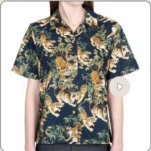 Naked & Famous Canada Japanese Tigers Cotton Camp Collar Shirt Navy - M
